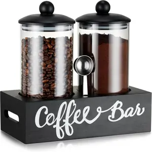 Glass Sugar Coffee Canister for Ground Coffee,2x55OZ Coffee Containers with Handle Shelf Coffee Bar Station Accessories Organizer Decor, Storage Jars with Iron Coffee Scoop for Kitchen