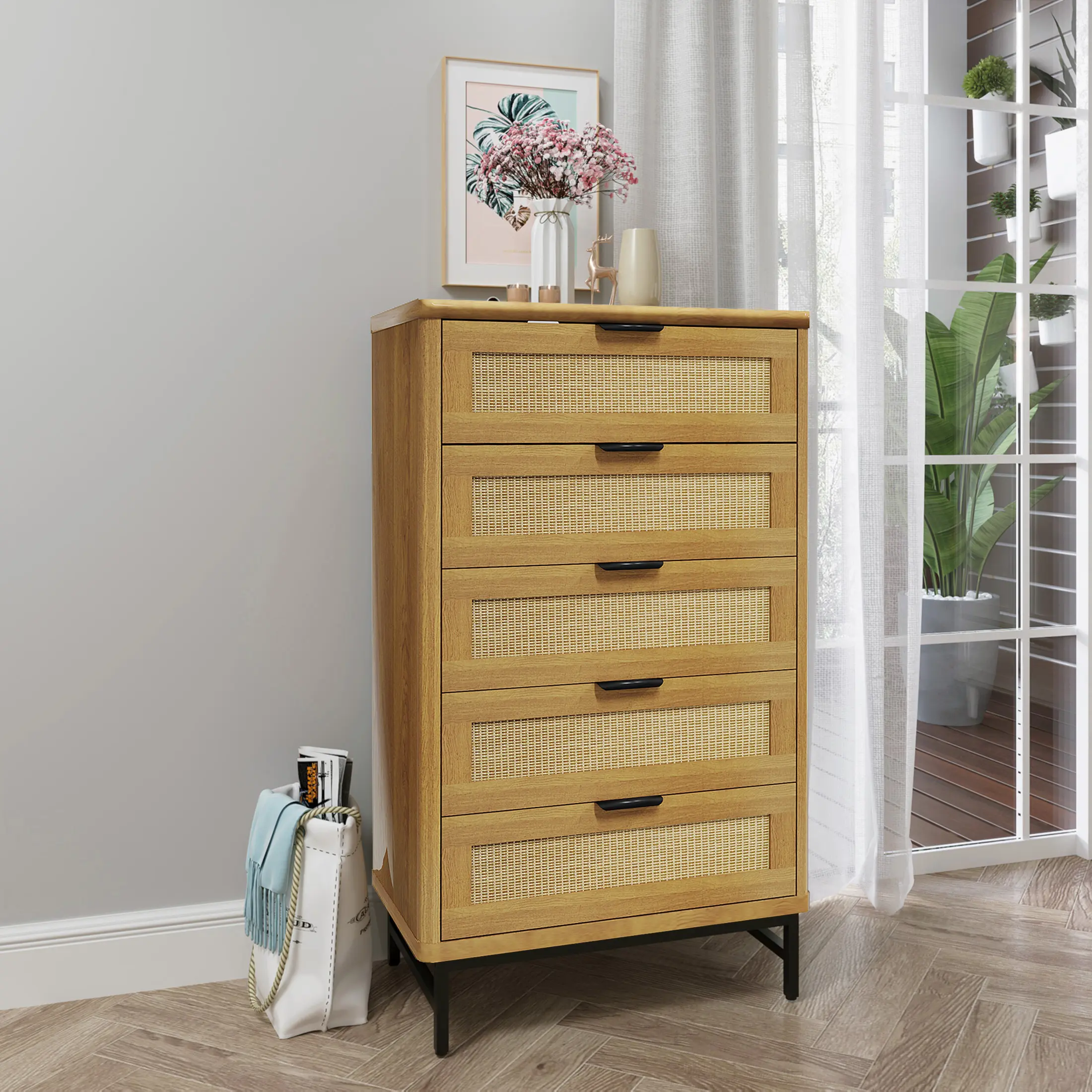 5-Drawer Wicker Storage Tower - Thick, Sturdy, Durable Modern Storage Cabinet with Wicker Drawers, Assembly Required Chest for Bedroom, Living Room