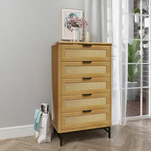 Storage Tower with 5 Wicker Drawers Bedroom Drawer Dresser Organizer Thick Sturdy Stylish Home Organizer for Bedroom Living Room Entryway Space Saving Cabinet