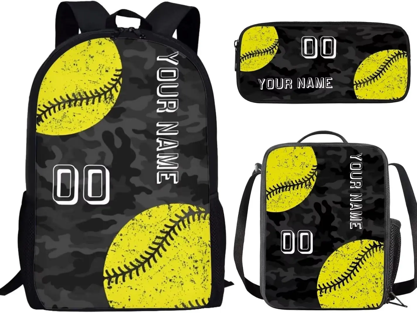 Custom Name Number Black Camo Softball 3PCS Kids Backpack Set, Waterproof Personalized School Bag with Insulated Lunch Box & Pencil Pouch, Vintage Distressed Yellow Softball Print Student Bookbag for Girls Softball Sports Fans
