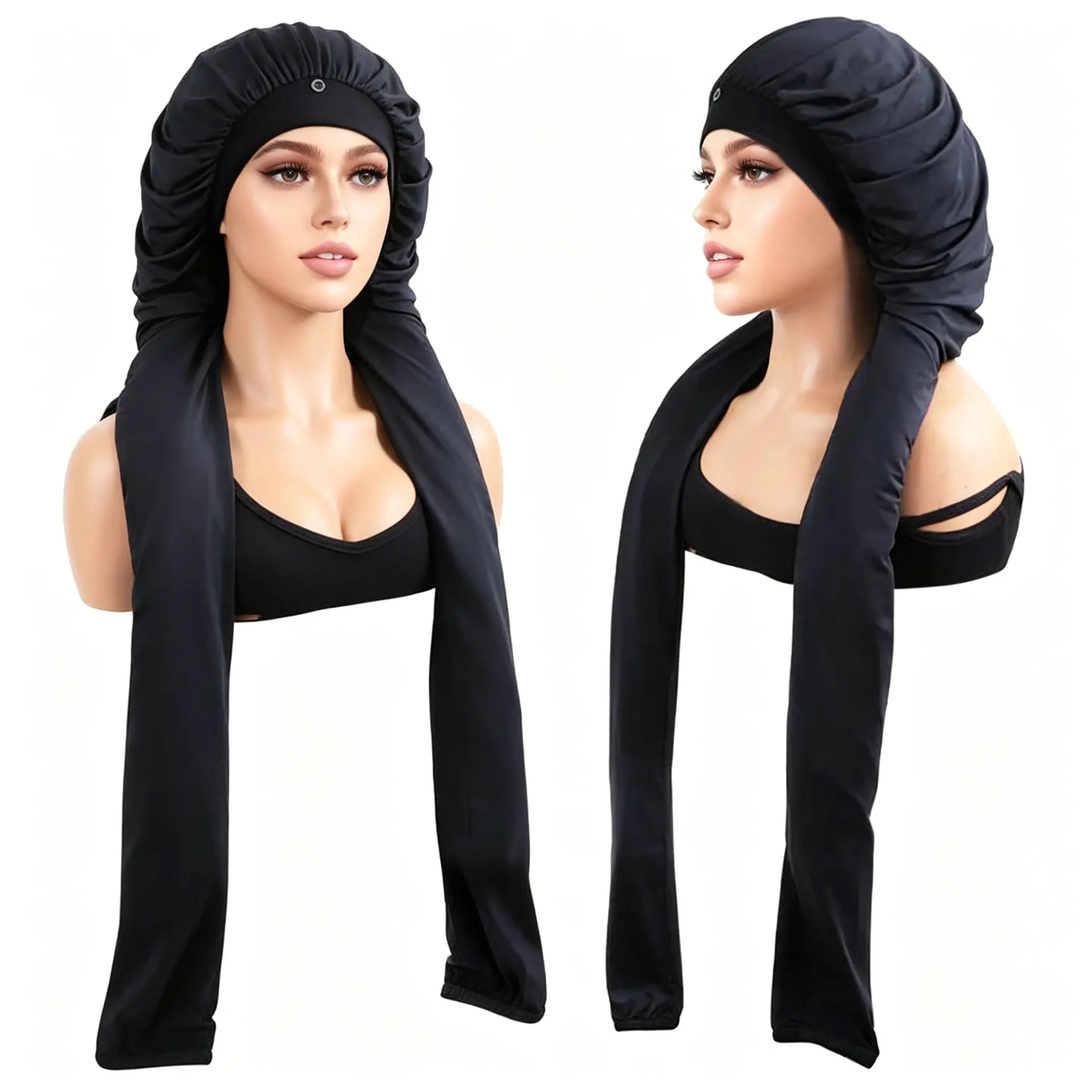 Solid Black Satin Sleep Cap for Women with Long Hair, Braids & Dreadlocks - Smooth & Lightweight Head Wrap with Elastic Band for Sun Protection, Haircare, Adjustable Satin Bonnet
