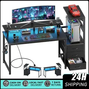 52.59-Inch Gaming Desk, Modern Black Carbon Fiber Gamer Desk with Reversible Display Shelves, Fabric Drawer, Storage, LED Lights and Side Headphone Hook, Gaming Desks