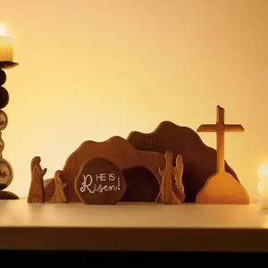 The Empty Tomb Easter Scene Christian Cross Decorations Wooden Nativity Set Religious Jesus Tomb Easter Display Kit for Home Tabletop Office Gift