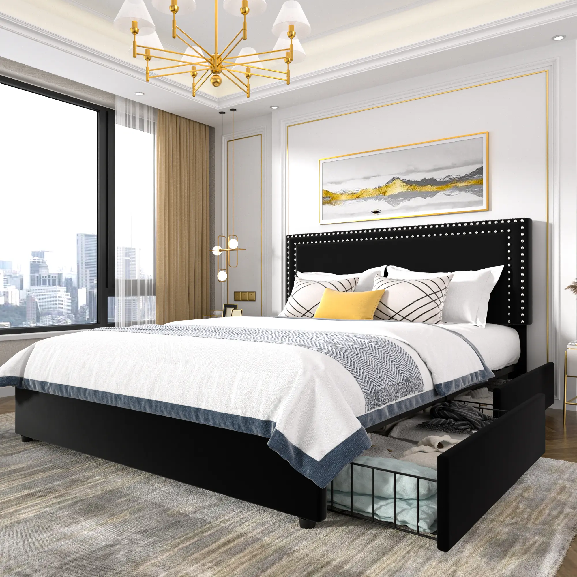 VECELO Upholstered Bed Frame with 4 Storage Drawers, King\Queen\Full\Twin Bed Frame Sizes Available, with Riveted Upholstered Headboard and Footboard, Wood Slatted Support, No Box Spring Required, Beige/Black/Grey