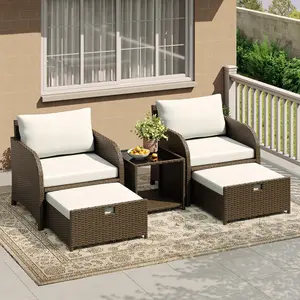 Patio Furniture Set, 5-Piece PE Rattan Wicker Outdoor Seating Set with Ottomans and Glass Tabletop, All-Weather Conversation Furniture for Garden Balcony, Brown and White