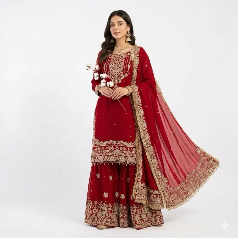 Red Bridal Sharara Set - Elegant Clothes with Intricate Designs, Matching Accessories, Dress Style, Formal Costumes