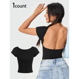 Women's Solid Round Neck Backless Tee, Casual Basic Short Sleeve T-shirt for Summer, Ladies Clothes for Daily Wear