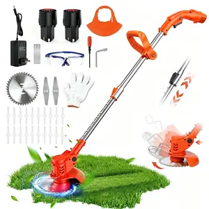 Weeding tool, electric lawn mower, 2 sets of 7500 mAh (1500 mAh x 5) batteries, 1 set of gloves, 3 metal blades, 3 metal blades, 6 plastic blades, safety goggles, 2 wrenches, American plug, maximum length 142 cm. The best lawn mower ，trimmer Garden Grass