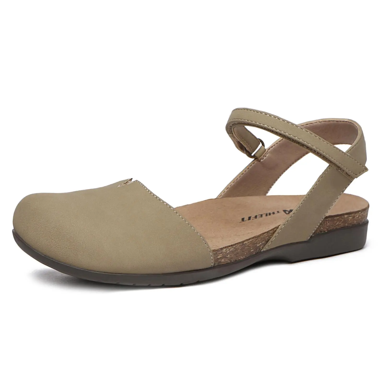 Women's Leather Closed Toe Sandals with Arch Support, Casual Walking Shoes with Cork Footbed and Adjustable Strap for Gardening, Flat Dress Sandals, Women's Sandals