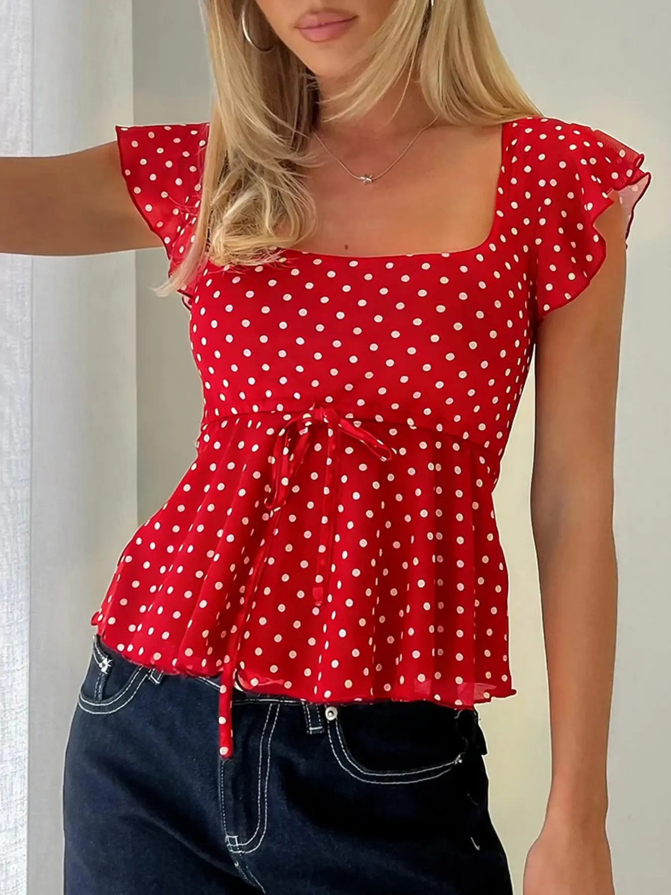 Chiffon Polka Dot Crop Top Women Cute Babydoll Daily Outfit Blouse Summer Tops Womenswear Babydoll Blouses