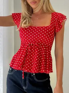 Chiffon Polka Dot Crop Top Women Cute Babydoll Daily Outfit Blouse Summer Tops Womenswear