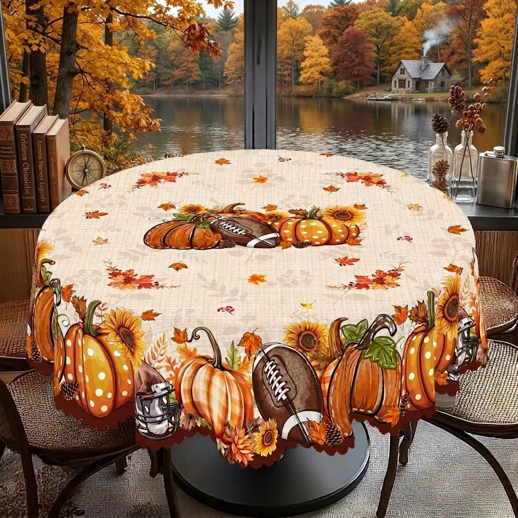 AAKFF Fall Football Pumpkin Sunflower Round Tablecloth, Autumn Harvest Thanksgiving Printed Table Cover, Game Day Indoor Dining Decor, Seasonal Festive Home Kitchen Table Accessory Gifts