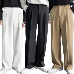 Men's Dress Pants Flat Front Loose Straight Wide Legs Casual Business Suit Pants