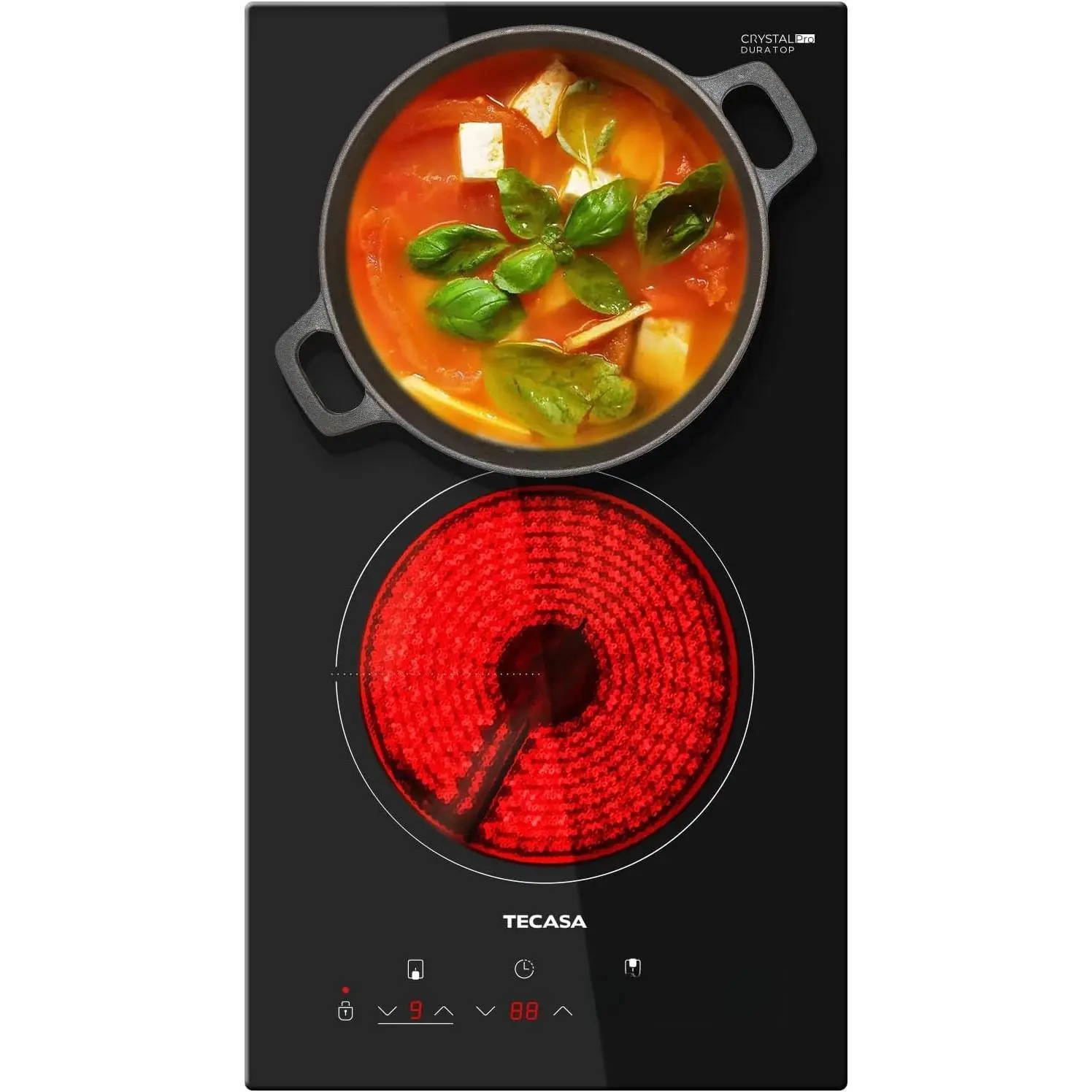 12 Inch 2 Burners Electric Cooktop, TECASA 3000W Radiant Electric Hob with 9 Power Levels, Built-in Ceramic Stove Top with Child Lock, Timer, Residual Heat Indicator, Hard Wire (No Plug) Portable Dual-Burner Glass