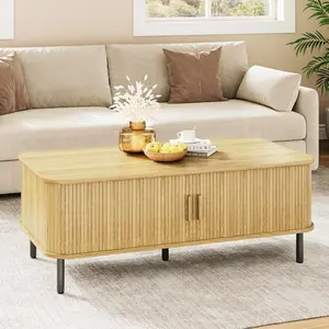ONBRILL Fluted Coffee Table with Storage, 47.2" Rectangle Coffee Tables with Sliding Door, Modern Wood Center Table with Adjustable Leg for Living Room, Oak