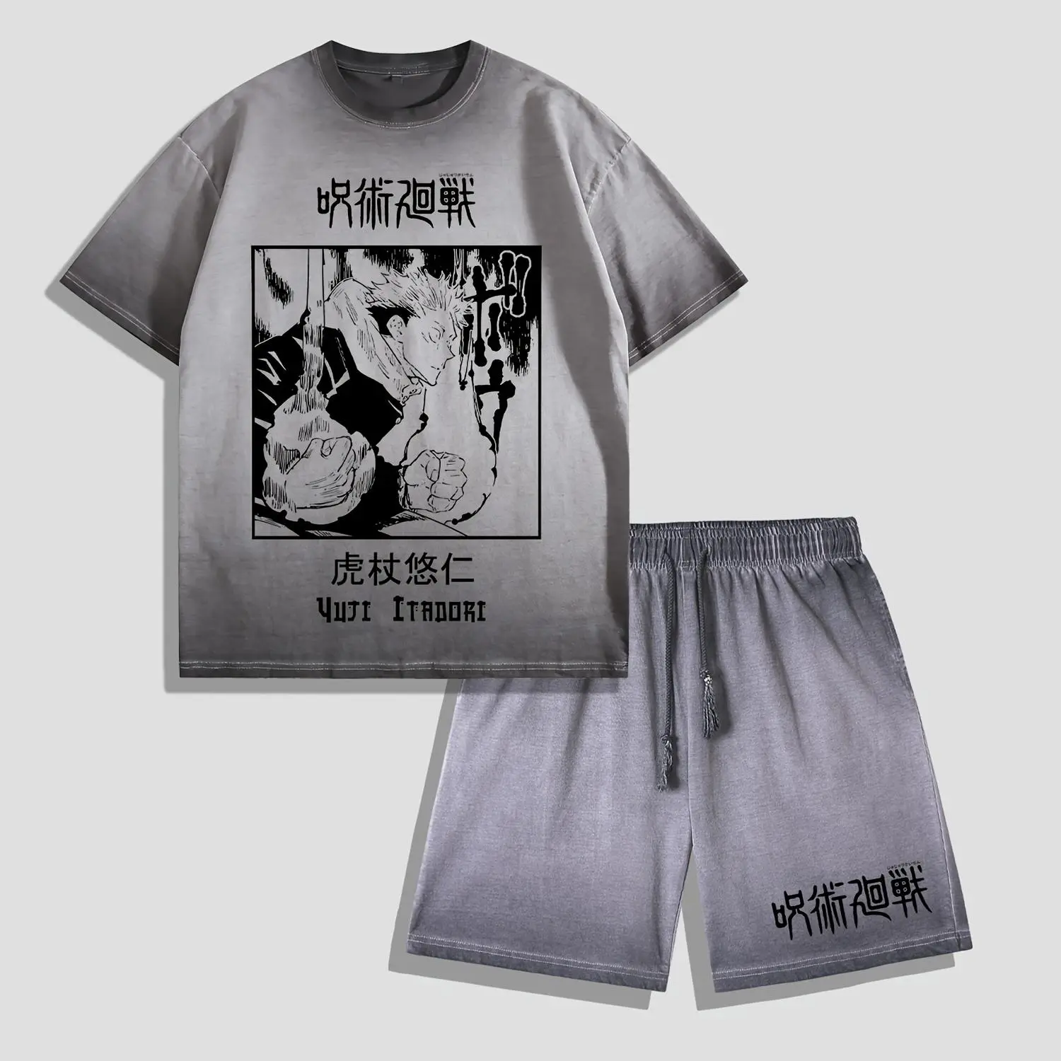 Men's 2-Piece Cotton Short-Sleeve Round Neck Fitted T-Shirt & Shorts Set - Vintage Anime Yuji Itadori Figure Print, Distressed, Festive Unisex Size Streetwear Clothes, Casual Activewear, All Seasons, Hand Wash Only