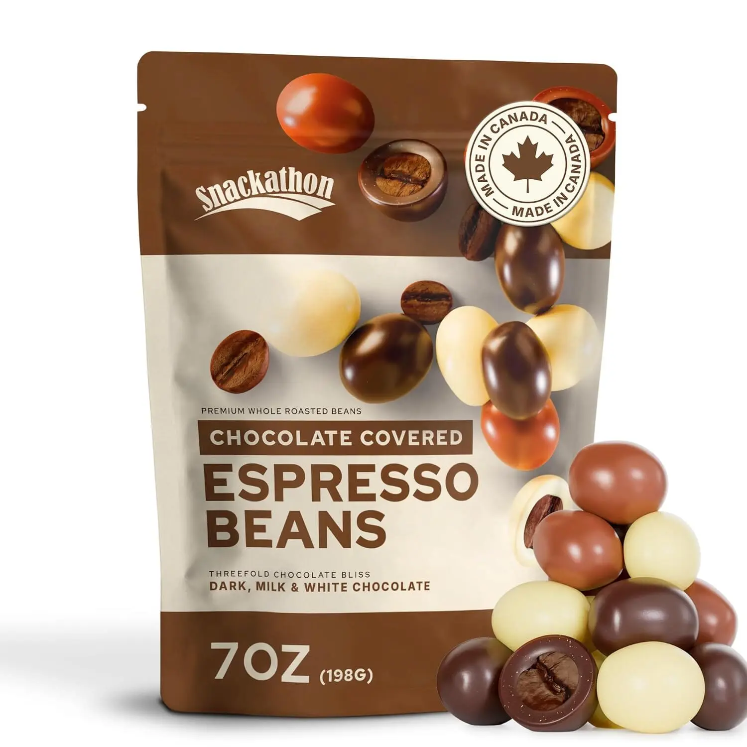 Snackathon Chocolate Covered Espresso Beans, Trio Blend (Dark, Milk & White)