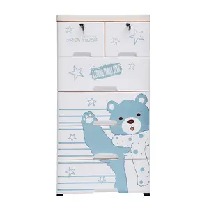 6-Drawer 5-Tier Plastic Dresser with Cartoon Polar Bear Pattern, Food-Grade PP Storage Drawers, 66 lbs Capacity Anti-Tip Design for Bedroom Nursery Kids Room Closet Organization