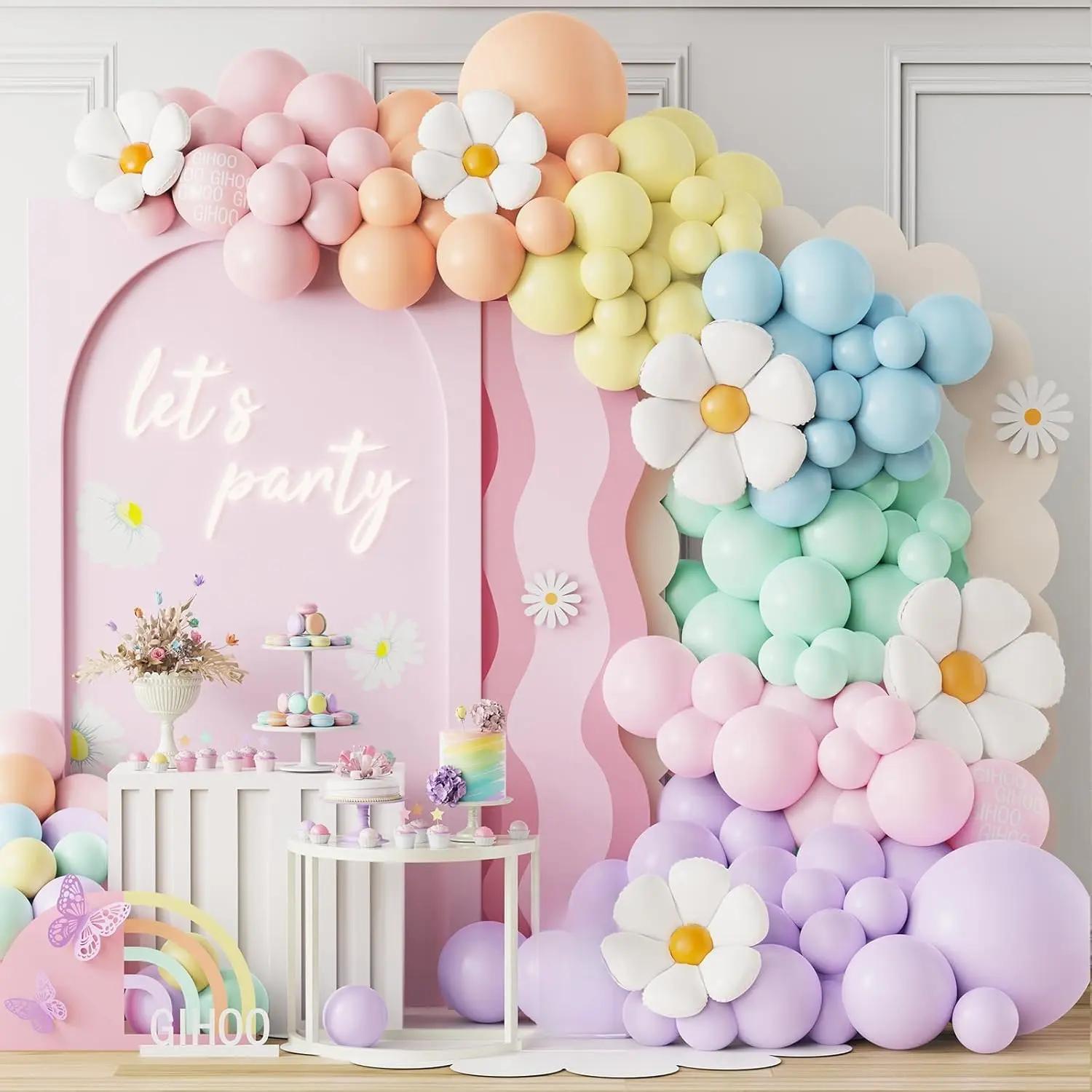 Daisy Pastel Balloon Garland Kit 157 count Pastel Macaron Balloon Arch Kit with Flower Mylar Balloon for Boho Mothers Day Spring Daisy Floral Theme Two Groovy Party Decoration