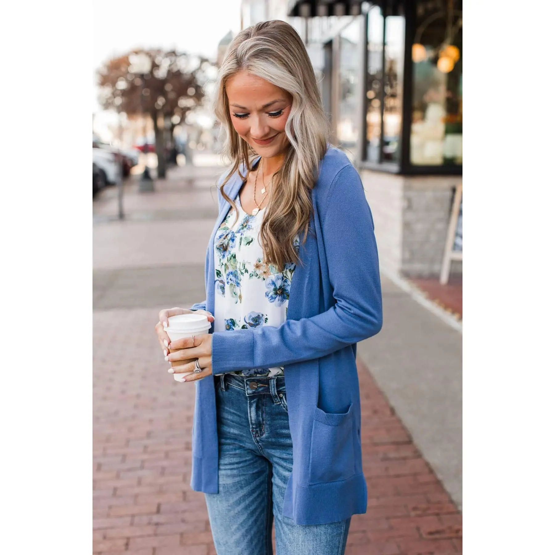 Women's Positive Outlook Lightweight Open-Front Denim Cardigan, Stylish Knitting Fabric, Flattering Fit, Style, Lady, Casual, Pockets, Ribbed, Tops, Casual Wear