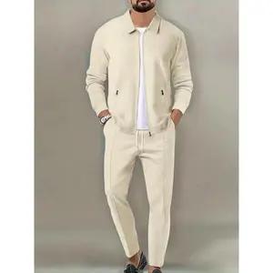 Sporty Two-Piece Set Men's Plain Zip Up Jacket & Drawstring Waist Pants Tracksuit Set, Men's Sportswear for Gym Workout Running