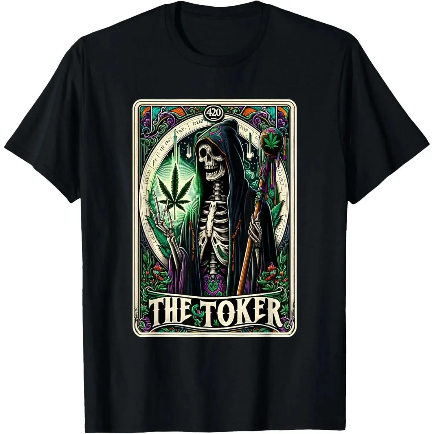 Streetwear Tarot Card Graphic Tshirt for Men, Goth Stoner Skeleton Print Top, Shortsleeve for Fitness & Daily Wear, Made in USA, Clothes, Cotton, Menswear, Soft, Casual, Short Sleeve, Skeleton Motif, Tarot Print, Elastic Stretch