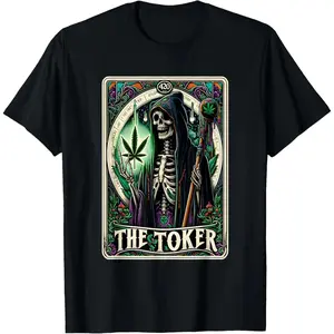 Tarot Card The Toker Cannabis Skeleton Stoner Weed Goth T-Shirt Made In USA