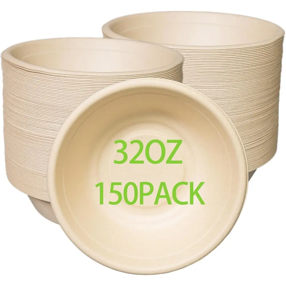 32oz Disposable Salad Bowls 150 Pack, Big Paper Bowls, Large, Heavy Duty, Eco Friendly, Bulk Pack, Compostable Bowls, Biodegradable Made of Sugar Cane Fibers, Perfect For Salad