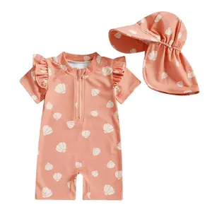 0-24M Toddler Girls Rash Guard Swimsuit Playsuits Short Sleeve Mermaid/Shell Print Kids Bathing Suit with Swim Cap