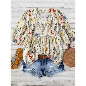 Women's floral printed curved hem top, Bohemian summer casual short sleeved top, women's daily clothing