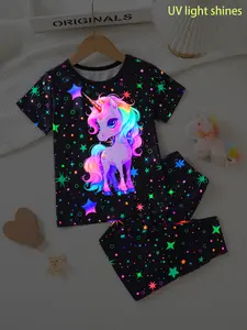 Girls' spring, autumn and summer 2-piece set, luminous cute unicorn pattern round neck pullover T-shirt short-sleeved top + luminous starry sky print elastic waistband and leggings pants, cute style trousers suit Clothes Kids