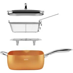 9.5-Inch Ceramic Nonstick Deep Square Frying Pan Set with Glass Lid, Stainless Steel Fry Basket & Steamer Rack, Induction Compatible, Oven &Dishwasher Safe, 4- Copper Pan Chef Cookware Set