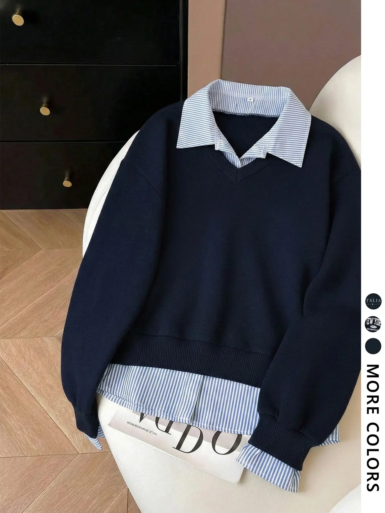 Women's Layered Look Pullover Hoodie Sweatshirts in with Striped Collar, Fashionable Long Sleeve Top for Casual Office Everyday Wear, Classic College Style, Womenswear