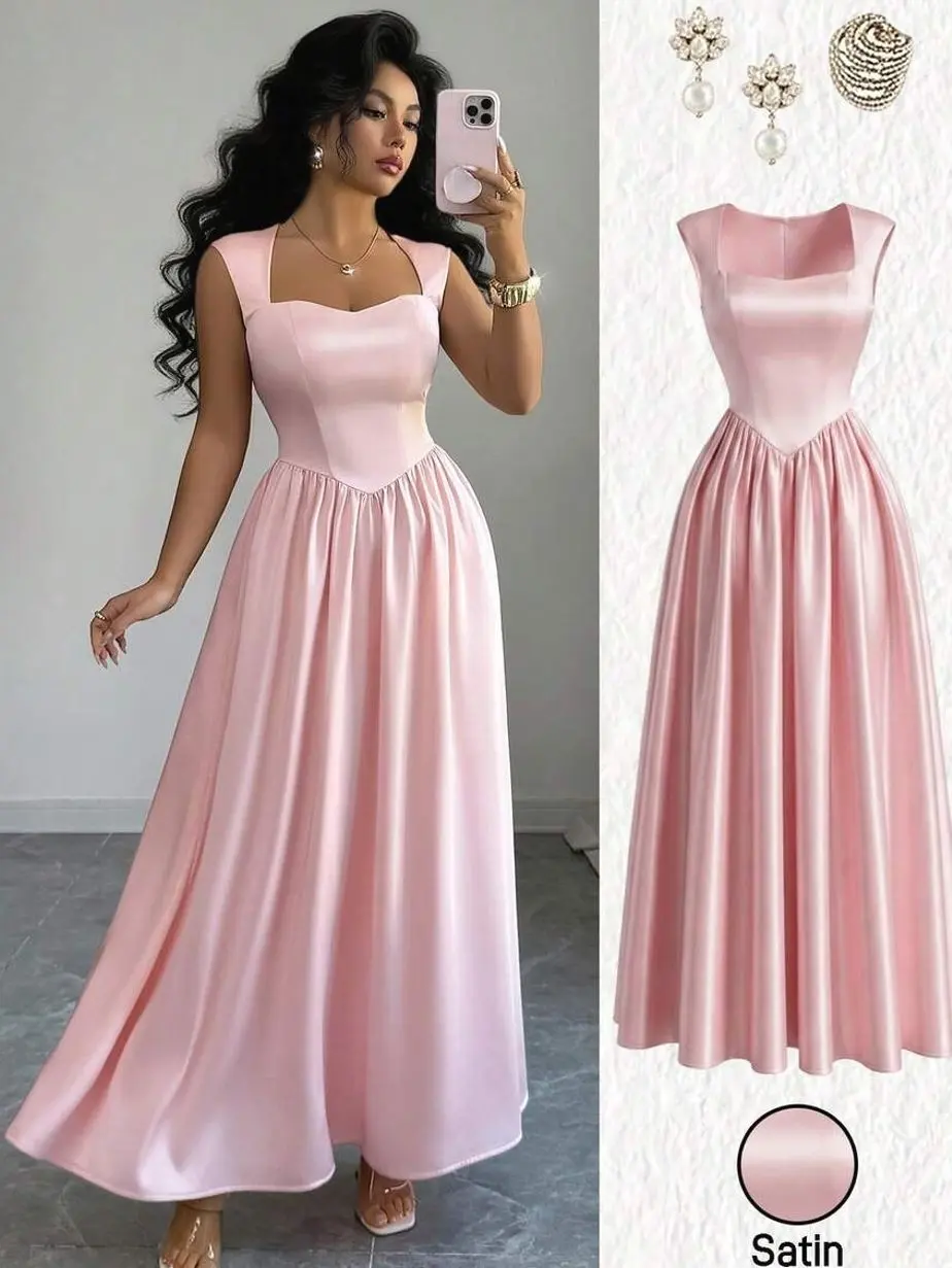 🌸 Baby Pink Elegant Dress With Asymmetric Neck And Cinched Waist, Perfect For Weddings And Parties.