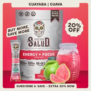 Salud 2-in-1 [Energy + Focus – Guava] Clean Energy Drink Mix, Agua Fresca, Organic Caffeine, B6 & B12, L-Theanine, Drink Packets, Non-GMO, Gluten Free, Vegan, Low Calorie, 1g Sugar (15 Servings)