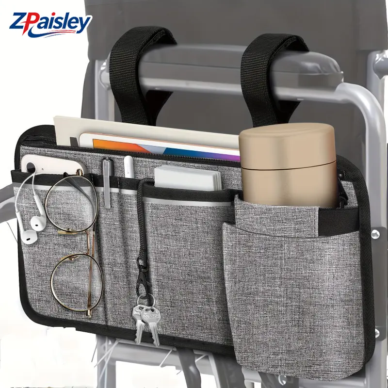 Multi-Pocketed Wheelchair Side Bag with Upgraded Cup Holder, Zipper Pocket, Adjustable Strap & Armrest Organizer, Universal Fit for Walker Rollator Scooter, Durable Outdoor Accessory for Seniors (Bag Only)