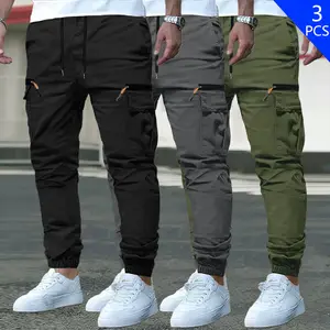 3-Pack Men’s Fashion Cargo Pants, All-Season American Style, Multi Pockets with Zippered Pockets, Casual Loose Fit, Elastic Waist, Full-Length Pants