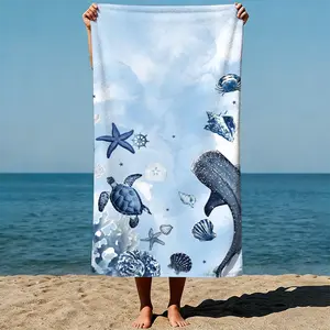 Marine life scene: sea turtles, whales, and shells, dreamy watercolor art style. Sand-Free Beach Towel | Ultra-Light Microfiber | Quick-Dry, Compact for Travel