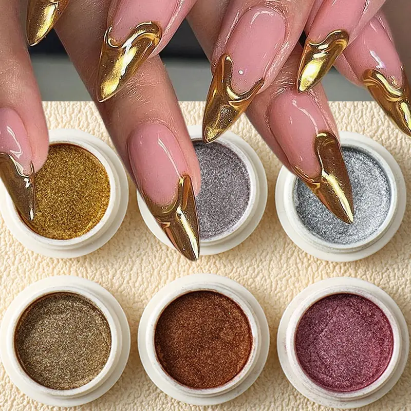 6PCS Cruelty-Free Smooth Long-Lasting Chrome Nail Powder - Metallic Mirror Holographic Pigment, Rose Gold Silver Champagne Rubbing Dust, Box-Packaged Supplies for DIY Nail Art, Design & Daily Use