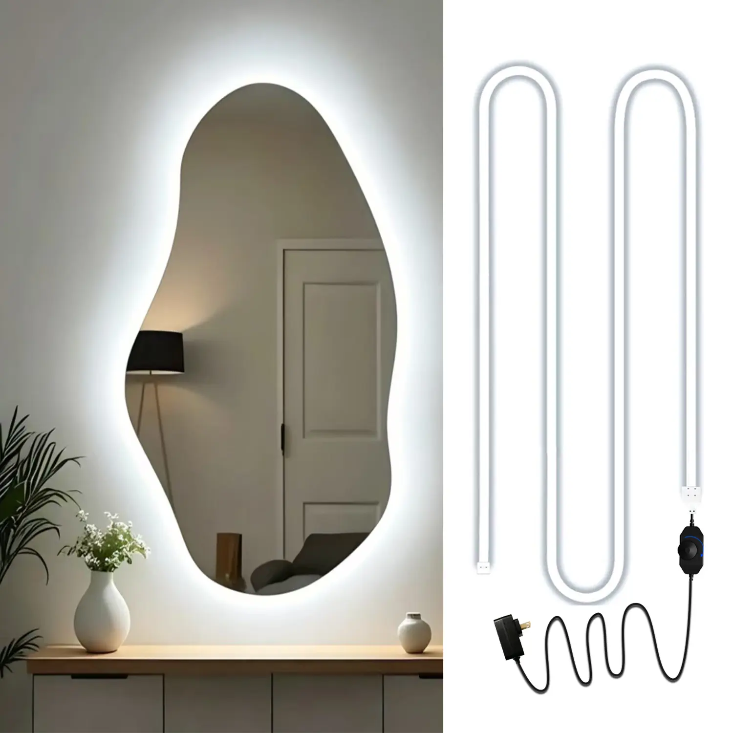 16.4 ft (5m) Cool White Silicone LED Strip Lights (IP44), 12V/1A Corded LED Lights Strips with Power Adapter, Self-Adhesive Dimmable Indoor Lighting for Bathroom Vanity, Home Festive Decorations