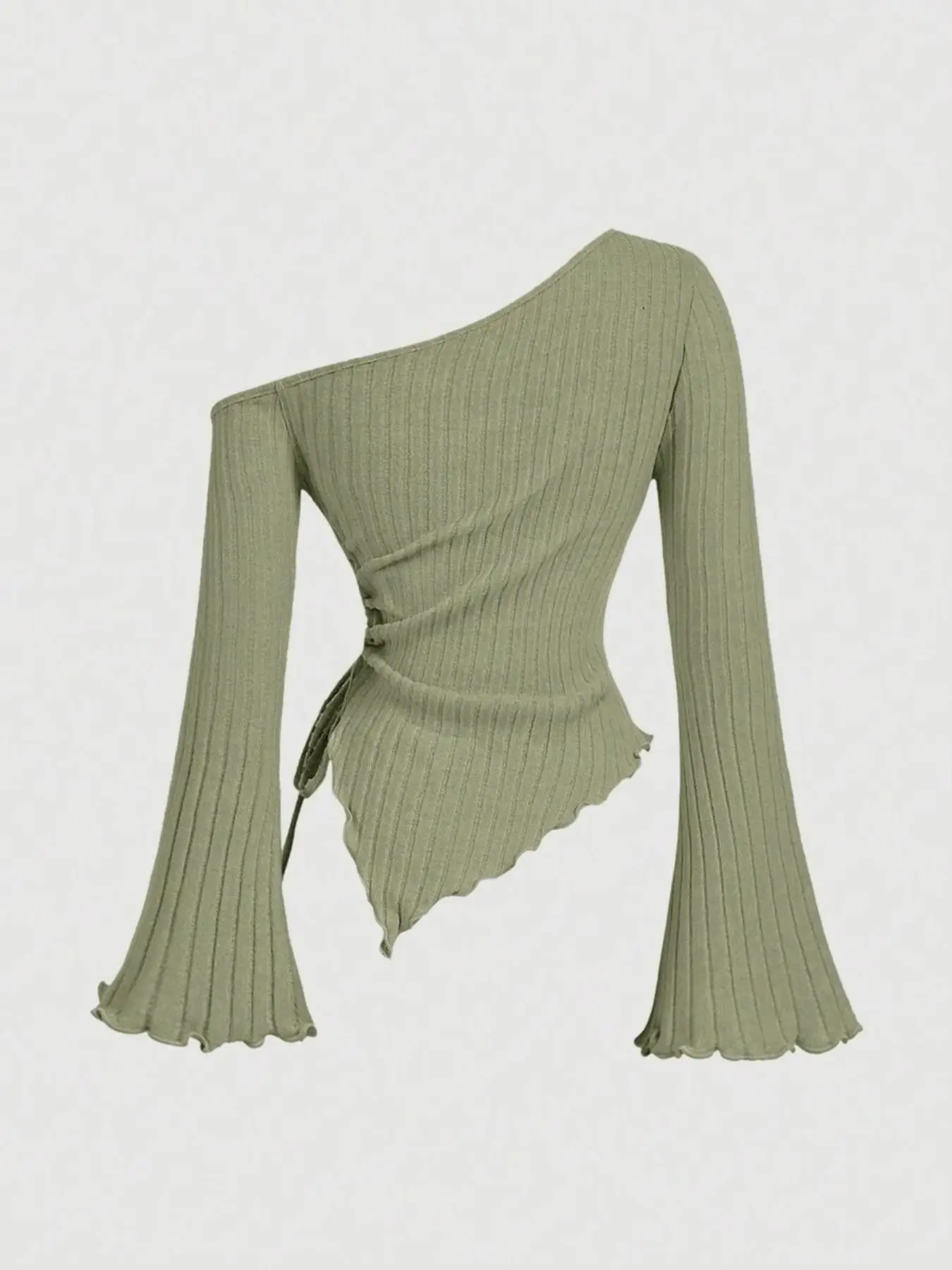 Women's Drawstring Asymmetric Hem Flare Sleeve T-Shirt, Long Sleeve, Shoulderless Top, Spring & Fall Casual Fashion, Fit, Comfortable Tie Bow Design