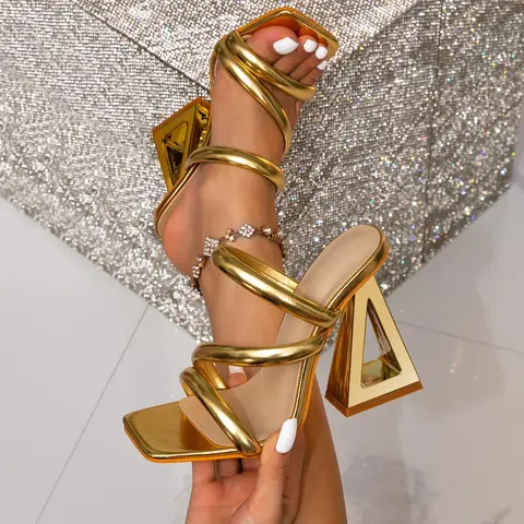 Women's Metallic Design High Heel Sandals, High End Sandals, Dress Sandals, Elegant Square Toe Sandals for Party, Daily Clothing Decor for Women & Girls, Walking Shoes, Chic Summer Footwear, Fashionable Footwear