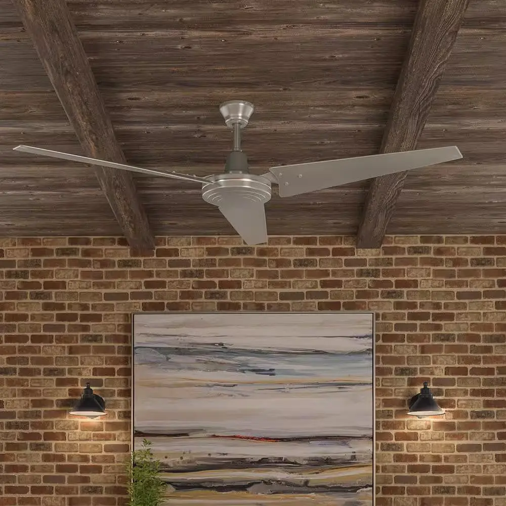 Industrial Ceiling Fan 60 Inch Indoor Outdoor Brushed Steel with Wall