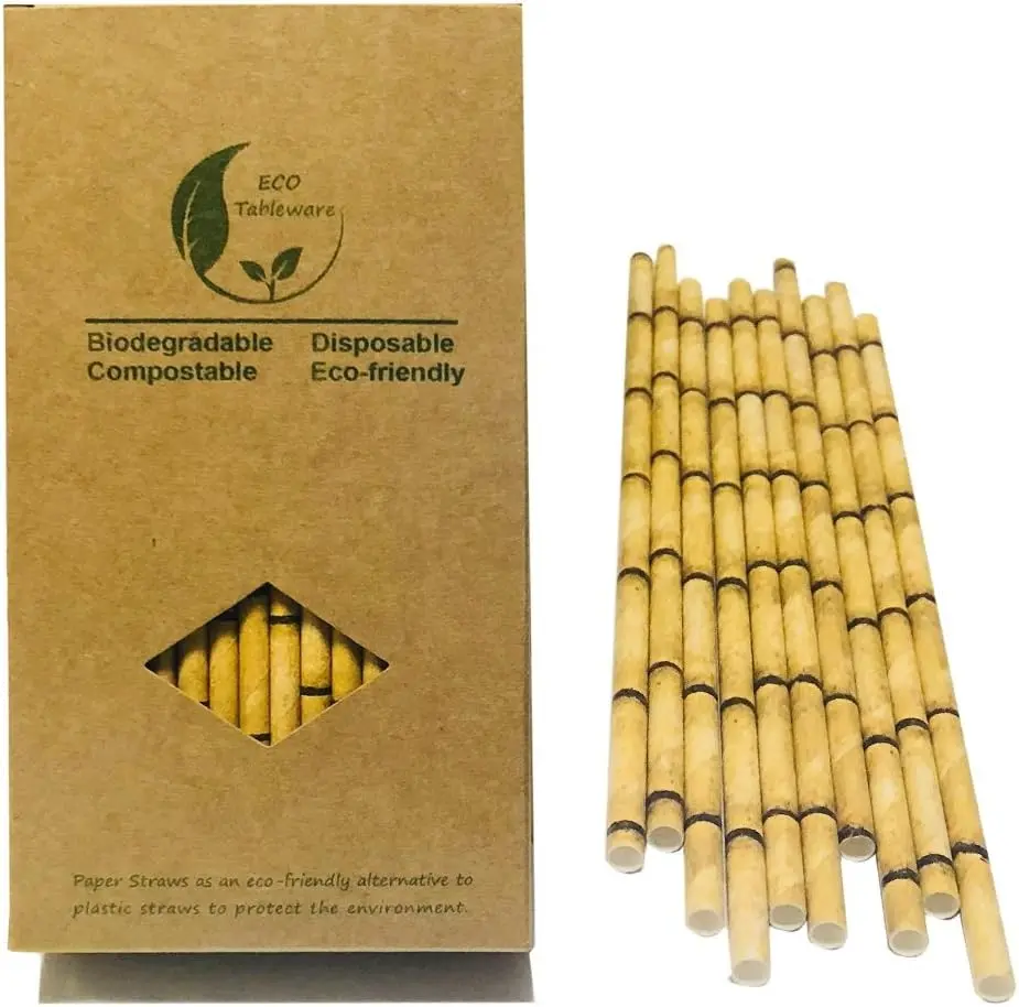 Bamboo Straws for Drinking, 100 Pack Disposable Yellow Bamboo Pattern Paper Straws for Tiki Cocktail Bar
