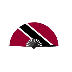 SR Trinidad and Tobago Caribbean Country National Flag Bamboo Folding Hand Held Fans, made with Bamboo sticks