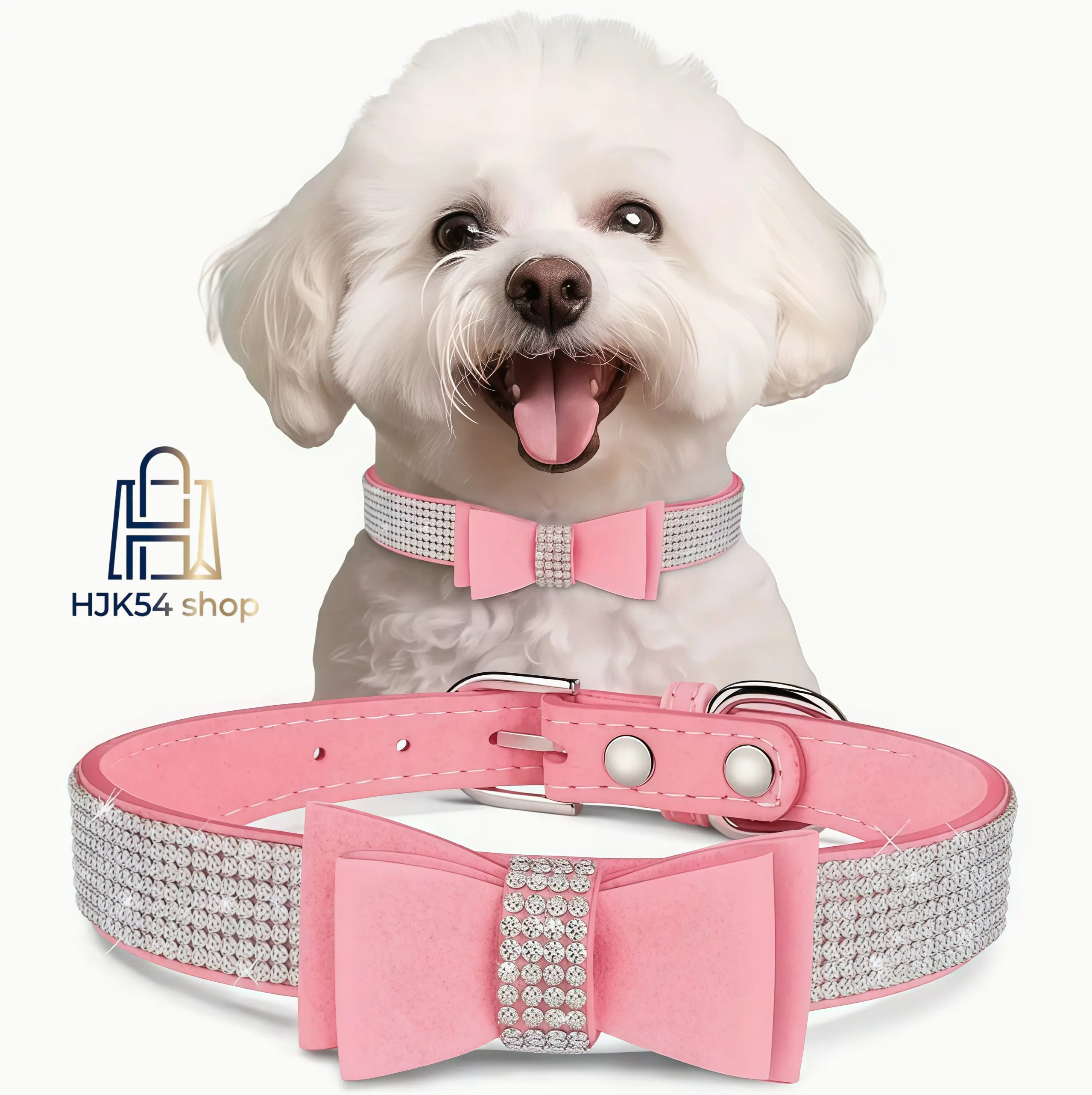 Rhinestone Bow Dog Collar, Adjustable Suede Pet Collar with Bling Crystals, Soft Leather Collar for Small Dogs & Cats, Sparkly Cute Collar for Puppies