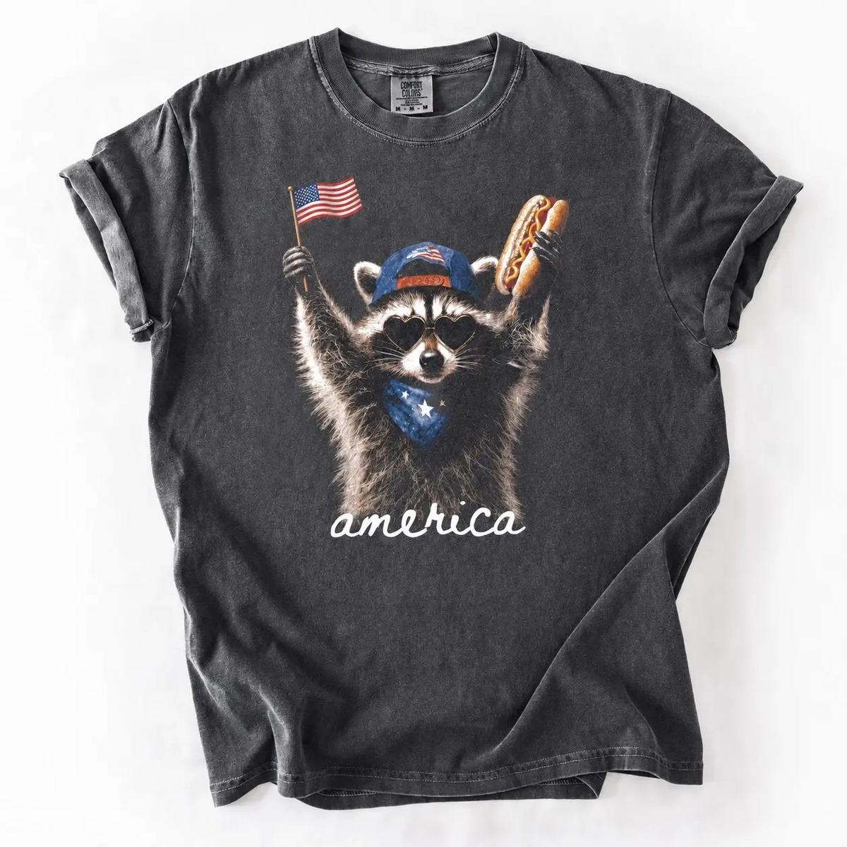 Comfort Colors Feral & Free Raccoon Shirt, Funny Patriotic 4th of July Tee, USA Independence Day Shirt, Retro American Freedom Gift for Men and Women. Print Tee, Andrew Clothings