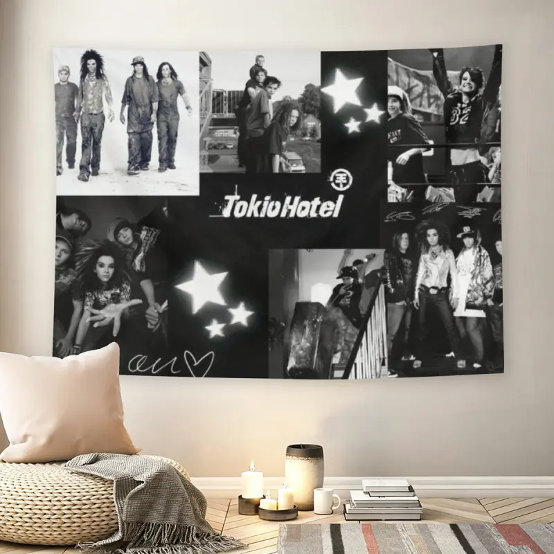 Tokio Hotel Black & White Collage Wall Flag, Rock Band Nostalgia, Mid-century Modern Black Flash Manga Style, 2000s Emo Aesthetic, Adult Fans, Music Fan Decor, Home Decor, Nostalgia Vibemusic comics, Tapestry Wall Hanging, custom tapestries
