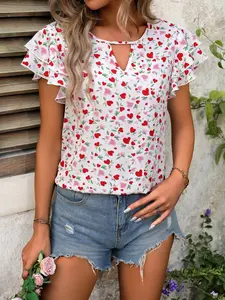 Fashionable Women's Summer New Heart Print Ruffle Sleeve T-Shirt, Stylish Casual Top for Daily Wear, Trendy Ladies' Clothing