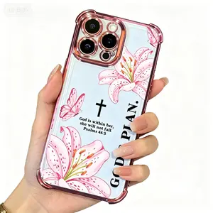 Bibical Cross and Lily Pattern  Anti-Fall Phone case for iPhone Samsung Galaxy 17Pro Max Air 16Plus 15 14 13 12 11 XR XS S26 S25 S24 S23 S22 cases, Transparent cover, Non-Yellowing, Shockproof Soft silicone, Gifts for girls iPhone  case
